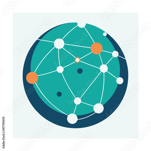 Abstract representation of a connected global network within a teal and orange sphere