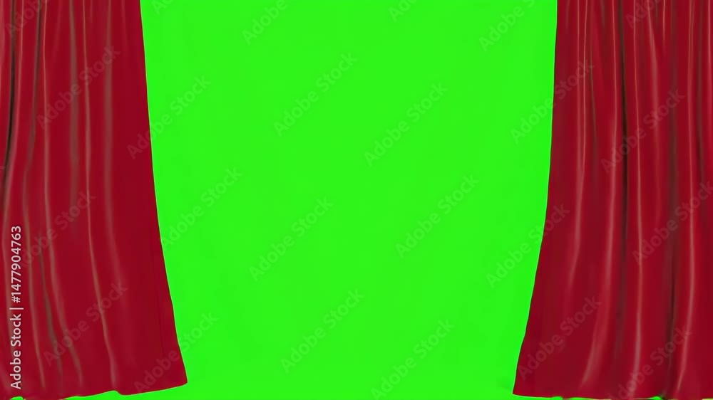 Theater red curtain opening and closing on green screen background for creative video editing projects.