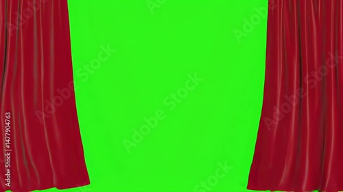Theater red curtain opening and closing on green screen background for creative video editing projects.
