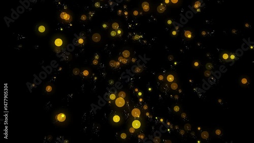 Golden fire particles abstract background with golden shining stars dust. Futuristic glittering fly movement flickering loop in space