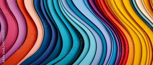 This abstract background features smooth, colorful, wavy, layered ribbons forming a vibrant, modern, dynamic, flowing design pattern.