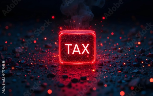A Glowing Red Cube Labeled Tax Illuminates Dark Textured Surface Surrounded By Scattered Sparks background 
