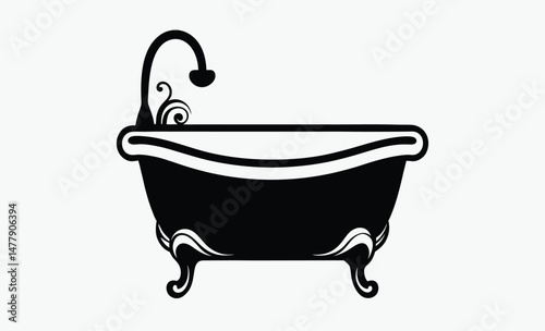 Bathtub icon vector, Baby tub silhouette, Shower head illustration