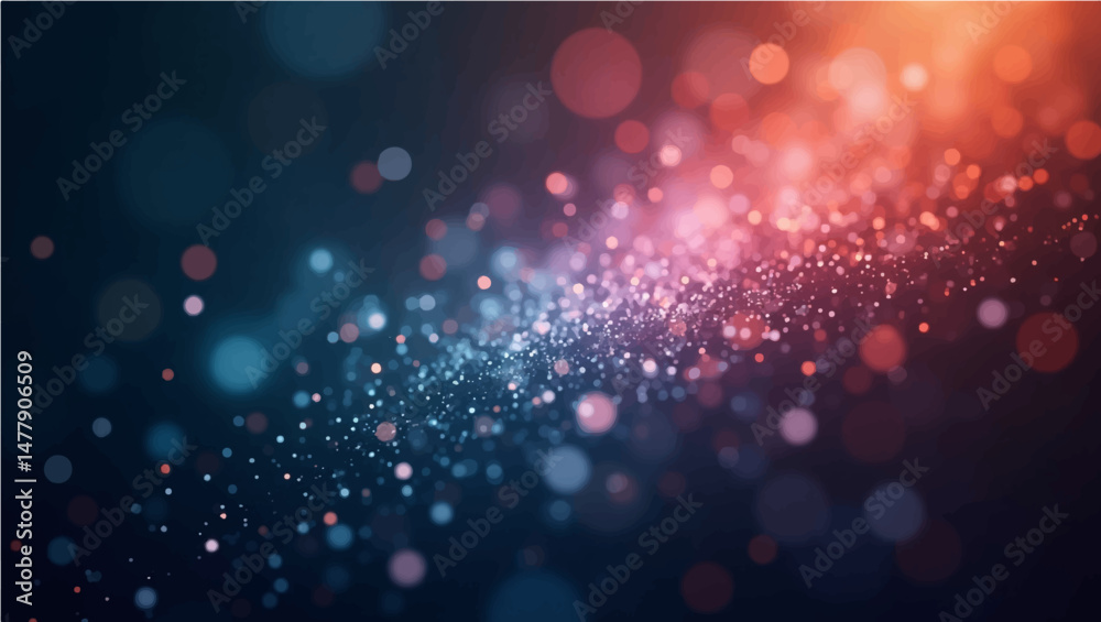 RGB rad blue glow particles with soft bokeh effect on dark abstract background.