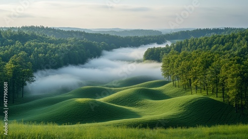 Verdant hills veiled in morning mist, framed by lush forests. Serene and picturesque scene photo