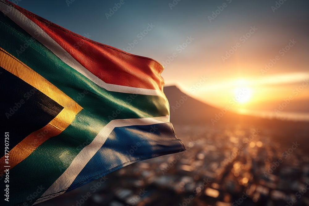 The South African flag waves proudly against a vibrant sunset backdrop, casting a warm glow over the cityscape and distant mountain, symbolizing hope.