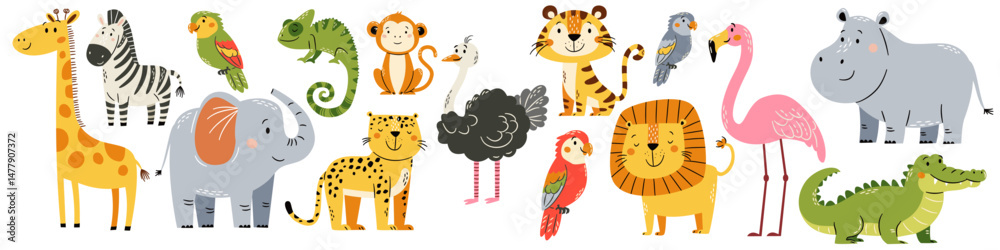 Naklejka premium A set of flat vector illustrations in a simple children's style. Cute elephant giraffe tiger leopard lion parrot ostrich flamingo crocodile chameleon zebra monkey on white background. Vector