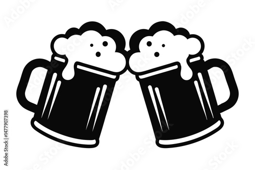 Two Black Beer Mugs Clinking Together with Frothy Tops, Celebration Icon Art
