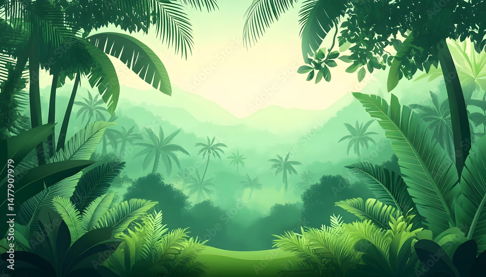 Fototapeta premium Tropical Forest Landscape with light green color flat vector design