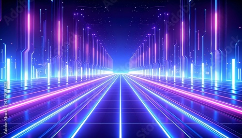A luminous tunnel bathed in pink and blue neon stretches forward, framed by pulsing vertical lights and sleek tech walls
