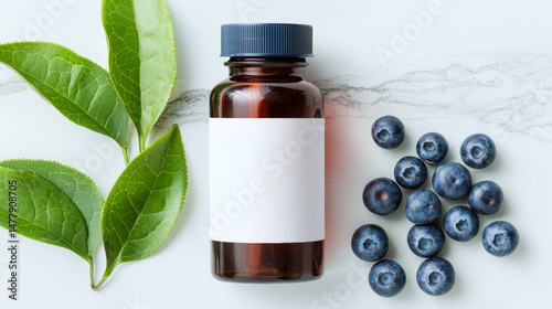 Brown glass bottle with blank label is placed marble surface, accompanied by fresh green leaves and blueberries, symbolizing dietary supplements