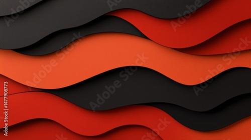 Layered textured wavy patterns create an abstract background design featuring vibrant red, dark black, and bright orange colors dynamically arranged.