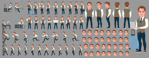 Man Character design. Front, side, back view and explainer animation poses. Character set with lip sync and facial expressions of Happy, angry, sad, Joy with Side walk cycle animation sequence sprite 