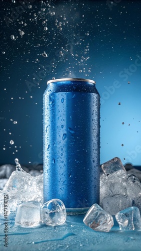 Blue soda can mockup with ice, water splash, and assorted fruits for advertising