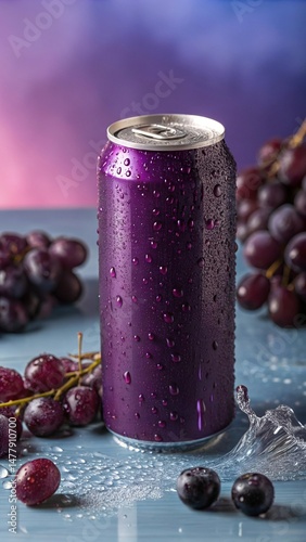 Deep purple soda can mockup with grapes, water droplets, and fruits accent
