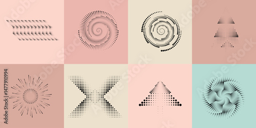 Halftone dots in Circle Form .Rotate rounded shape Vector Illustration .Rotating circles form a ring.Rotating design element . Various circle lines forming round frame . Abstract Geometric line art .
