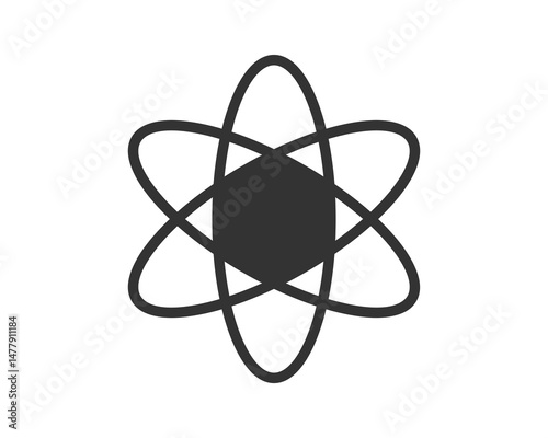 Minimalist atomic icon with orbiting electrons. Represents science, technology, physics, chemistry, energy,  innovation. Versatile for web design, apps,  education.