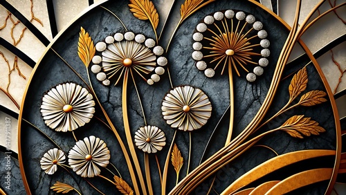 Ornate floral arrangement showcases golden stems, leaves, and white dandelions on textured dark background