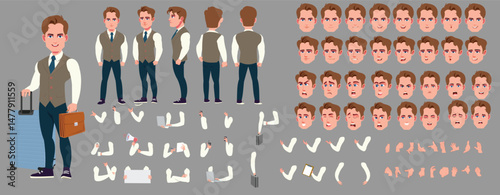 Man Character design. Front, side, back view and explainer animation poses. Character set with lip sync and facial expressions of Happy, angry, sad, Joy with Side walk cycle animation sequence sprite 