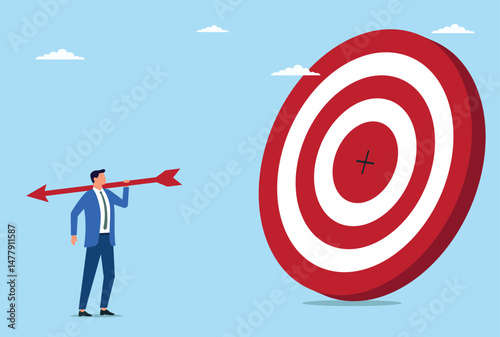 Vector illustration of a businessman who is trying to hit the target and achieve business success 