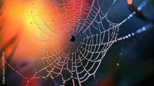 The intricate interplay of symmetry, vulnerability, and wonder within a spidera??s gossamer web, adorned with a glistening droplet