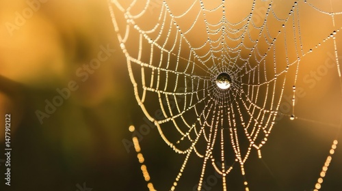 The intricate interplay of symmetry, vulnerability, and wonder within a spidera??s gossamer web, adorned with a glistening droplet