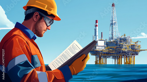 Offshore Worker Reviewing Documents Near Oil Rig