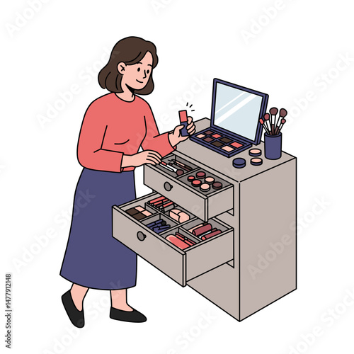 Woman organizing makeup products at her vanity table with a cheerful expression