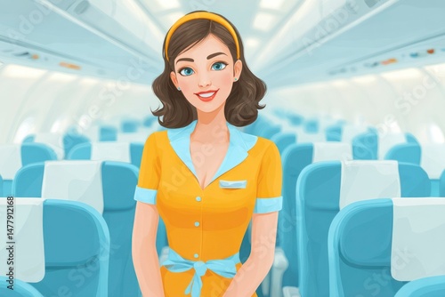 Flight Attendant in Uniform Inside an Airplane Cabin Professional Service Travel Industry Ho
