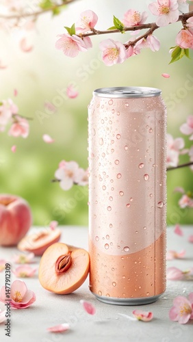 Pink soda can mockup with cherries, blossoms, and spring fruits