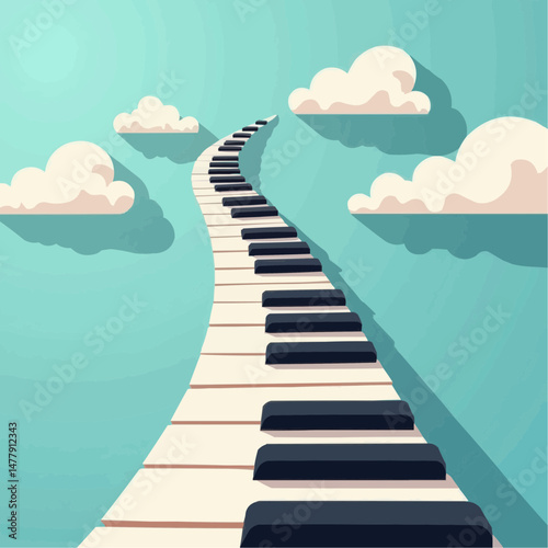 Piano keys forming a winding pathway through a blue sky with clouds  