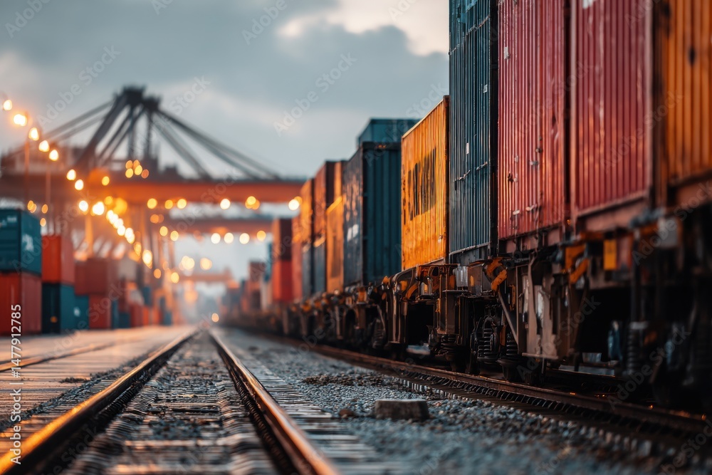 Obraz premium A freight train carrying cargo containers on a railway track at dusk, conveying goods for transportation and delivery, with industrial cranes and lights.