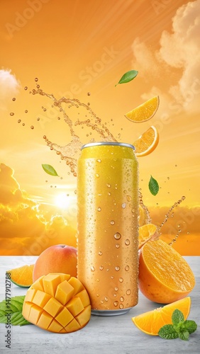 Yellow soda can mockup with orange slices, water splash, and citrus fruits