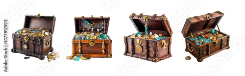 Realistic 3D vector set of vintage pirate treasure chests filled with gold coins, jewelry, and precious gems. Isolated on white.