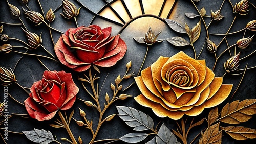 Red and golden roses rest upon dark textured surface among metallic gilded leaves