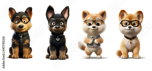 Adorable vector set of cartoon dogs with glasses and collars. Smart 3D dogs are geniuses. Playful, stylish characters perfect for design and decoration.