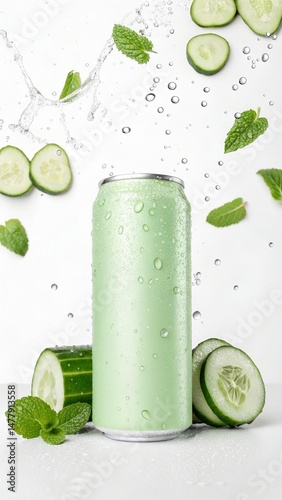 Light green soda can mockup with cucumber, mint, and refreshing fruits