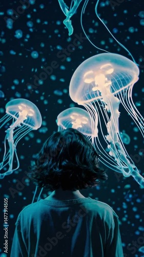 A woman is looking at three jellyfish in a dark room