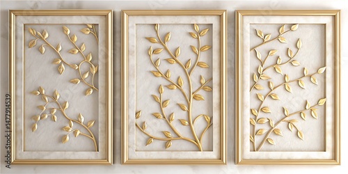 Three gold framed decorative panels featuring golden leaves bring artistic flair to interior design