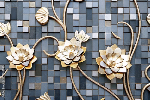 Three golden lotus blooms and snakelike stems adorn a textured wall featuring gray squares photo