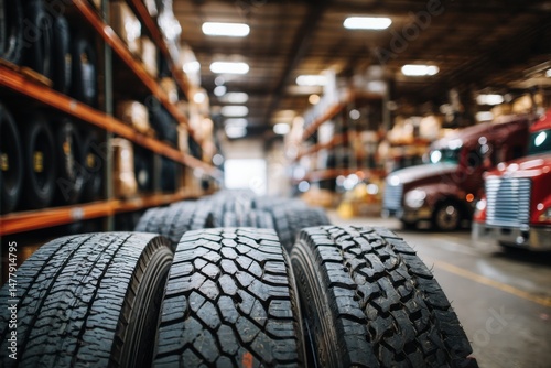 A close-up shot of new truck tires stacked in a warehouse, showcasing tire treads, next to rows of tires and trucks in a blurred, industrial automotive setting. photo