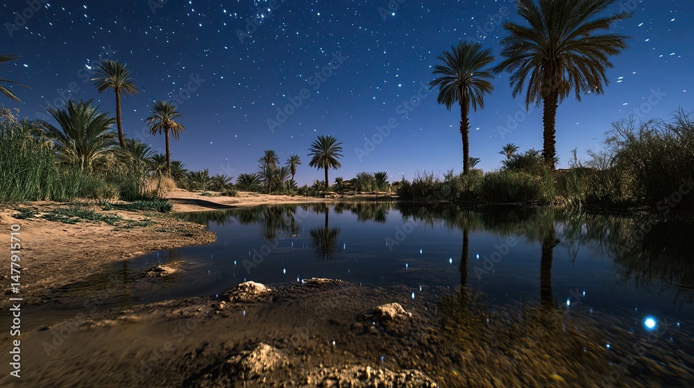 Obraz premium Starry night sky over desert landscape with full moon, water reflection, and rocky mountains. Trees and dry grass surround small lake in quiet terrain. Generative by AI