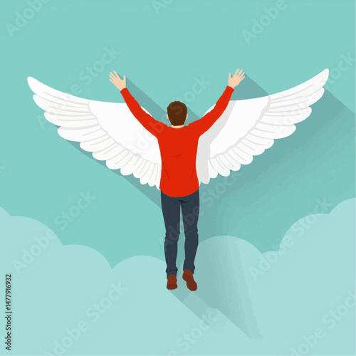 Man with angel wings soaring above clouds in a blue sky  