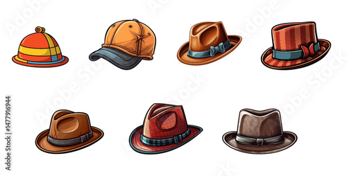 Cartoon vector set of colorful cartoon hats including baseball caps, fedoras, and vintage styles. Fun and stylish accessory collection.