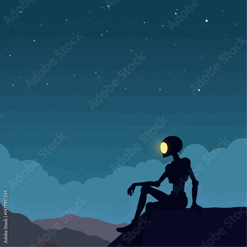 Robot sitting on a rock under a starry sky at night  
