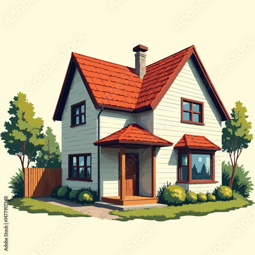 Charming two-story house with red roof and green yard in daytime  
