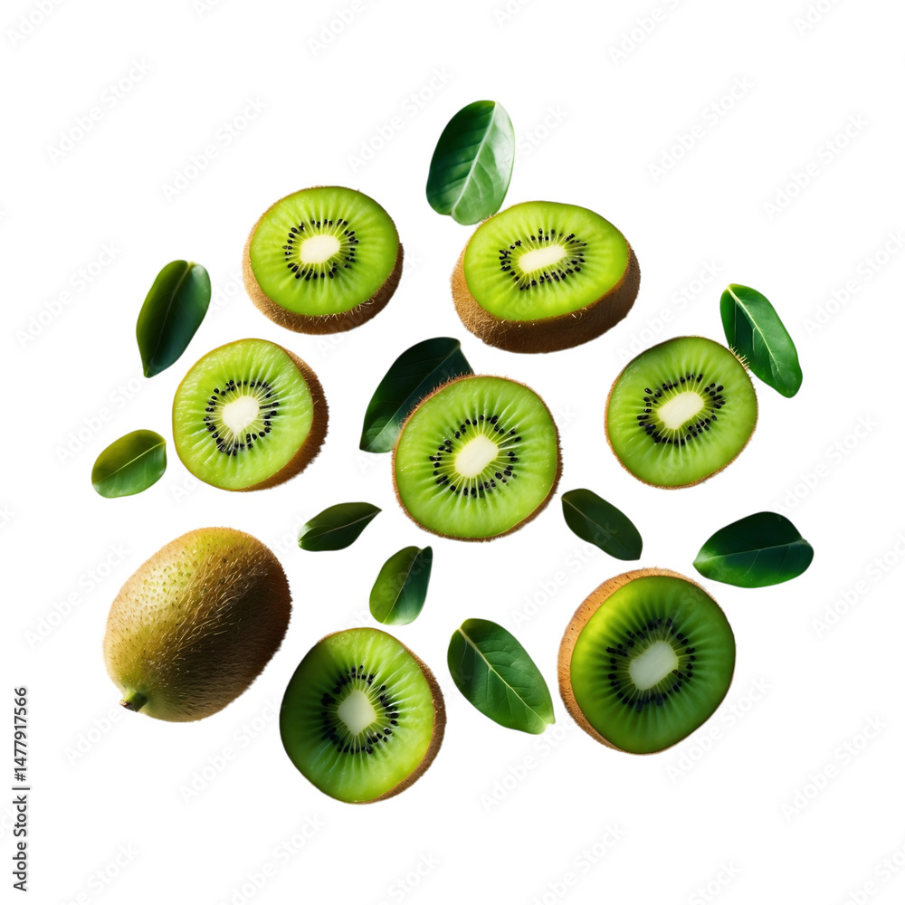 Fototapeta premium Kiwi Fruit Slices with Fresh Leaves Isolated on White Background