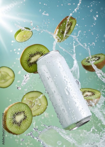 White Soda Can with Kiwi Slices and Mint Leaves, Water Splash on an Aqua Blue Background