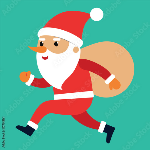 cartoon santa claus, santa with sack, red suit santa, santa running, christmas illustration, digital art, vector art
