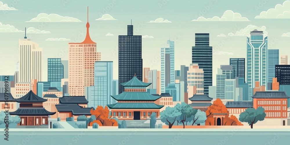 Obraz premium Asian Architecture with Cityscape Skyline, Traditional Buildings and Skyscraper View